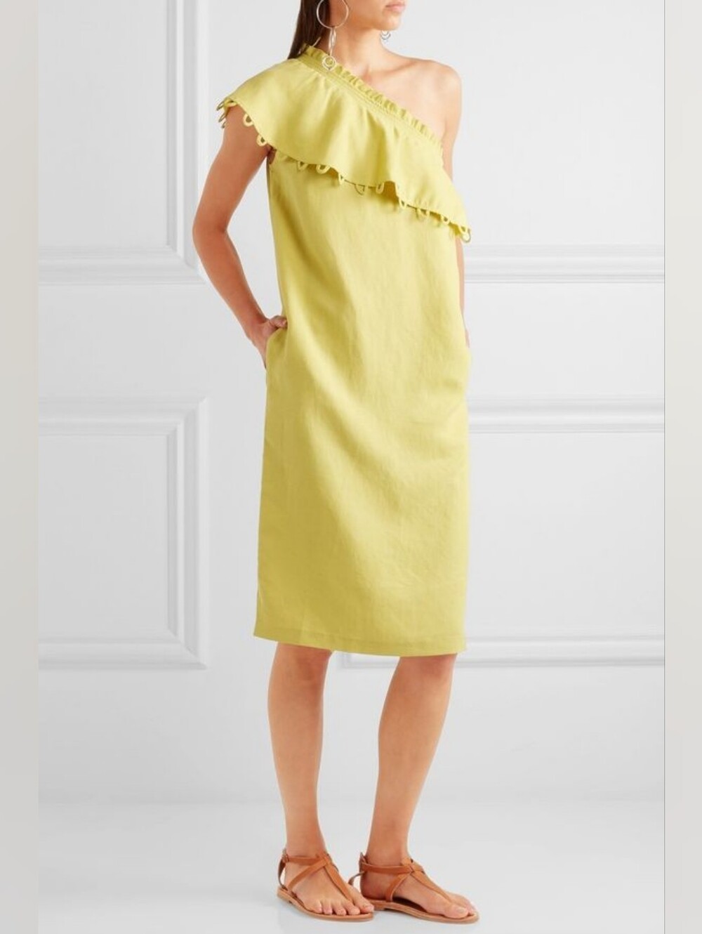 Apiece Apart One Shoulder Reina Midi Dress Size 6 Chartreuse Linen Blend Chic